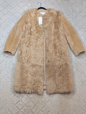 Hugo Boss Jacket Womens 4 Beige Fur Leather Trim Parka Coat Elegant Chic NEW